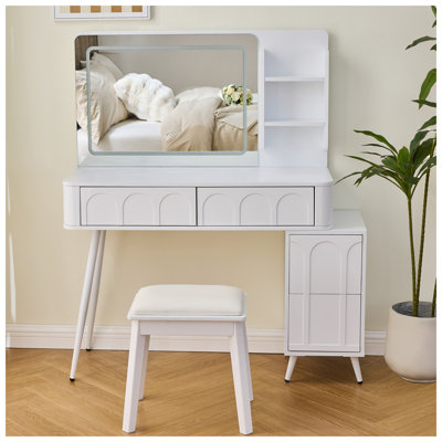 Ensemble de coiffeuse moderne avec lumières DEL et miroir - ensemble de coiffeuse 4 tiroirs avec tabouret, luminaire à intensité variable 3 couleurs, meuble-lavabo blanc peu encombrant