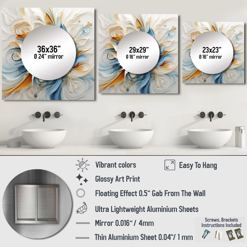 Décoration murale abstraite abstraite Magnolia blanc bleu ambre - Miroir carré fleurs pour chambre à coucher, 23 po x 23 po