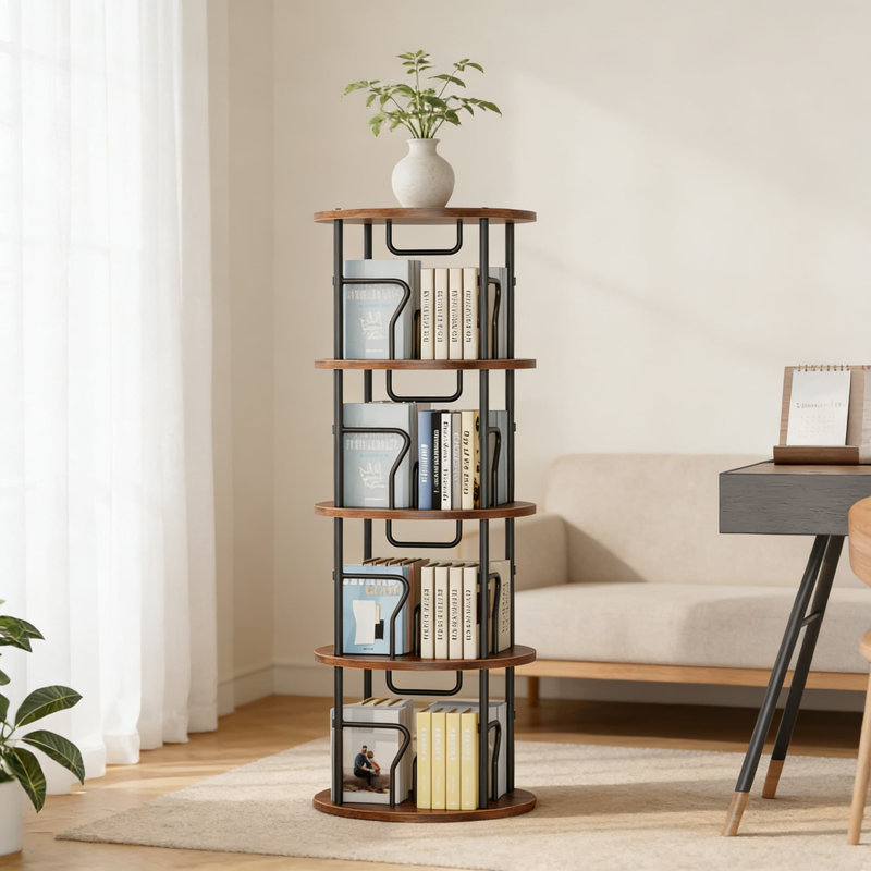 4-Tier 360-Degree Rotating Bookshelf Tower, Space-Saving Revolving Bookcase With Sturdy Metal Frame And MDF Shelves, Floor Standing Corner Storage Organizer For Home Office Study