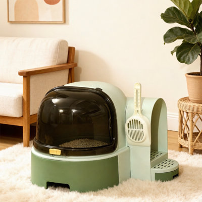 Covered Cat Litter Box With Lid & Front Door, Easy-Clean Openable Design Includes Scoop, For Cats And Kittens, Green