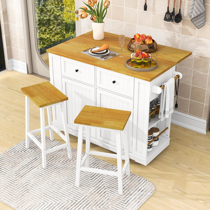 48inch Kitchen Island with 2 Bar Stools, Storage Rack and Drawers, White