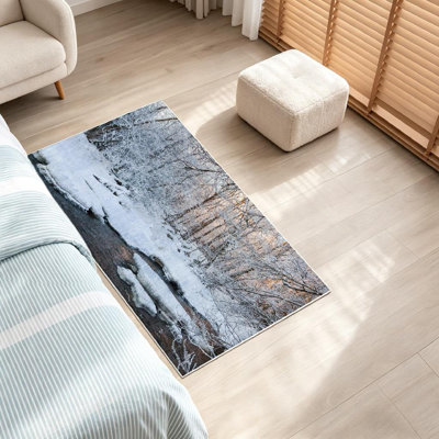 Clear Machine Washable,Morning Light River Woods Winter Indoor Area Rug