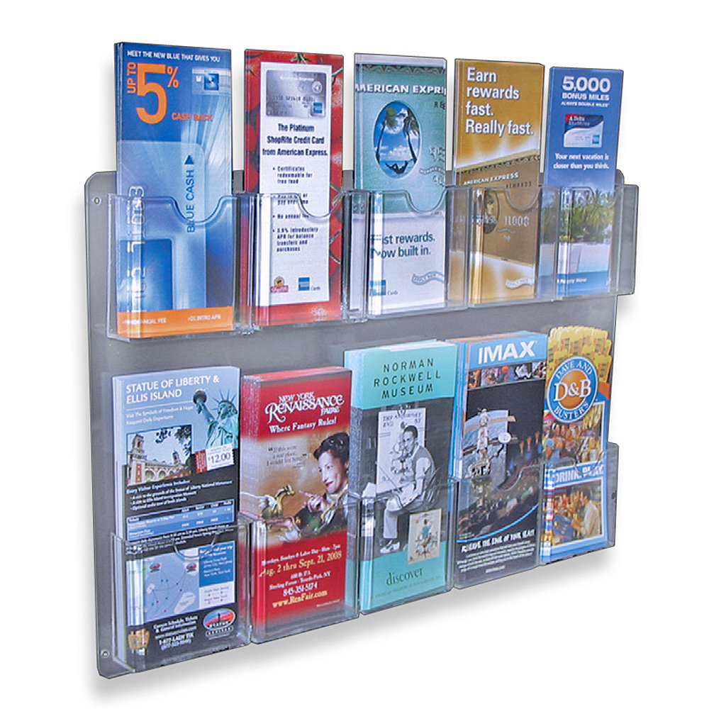 Ten Pocket Tri-Fold Wall Rack. Clear Acrylic Wall Mount Brochure Holder for Tri-Fold Size Pamphlets, Vertical Alignment, Overall 