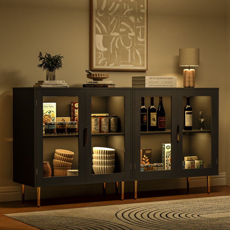 Modern Buffet Cabinet With Led Lights, 32" Acrylic Sideboard With 2 Doors, Adjustable Shelf Coffee Bar For Living Room, Kitchen, Black