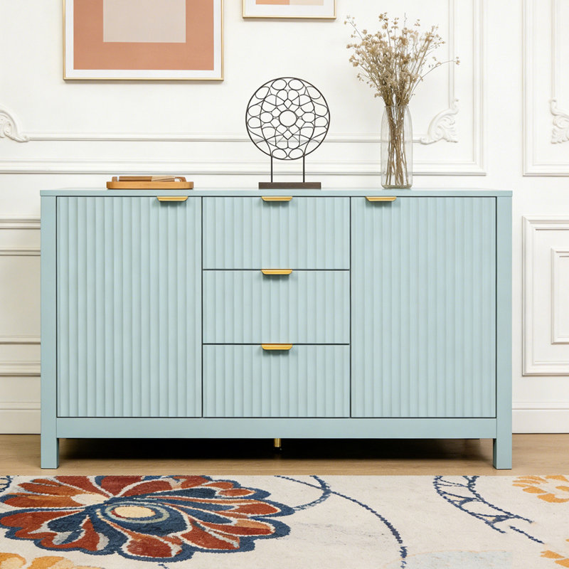 Buffet à motif ondulé - 3 tablettes réglables, 3 tiroirs et portes à fermeture en douceur, Cyan