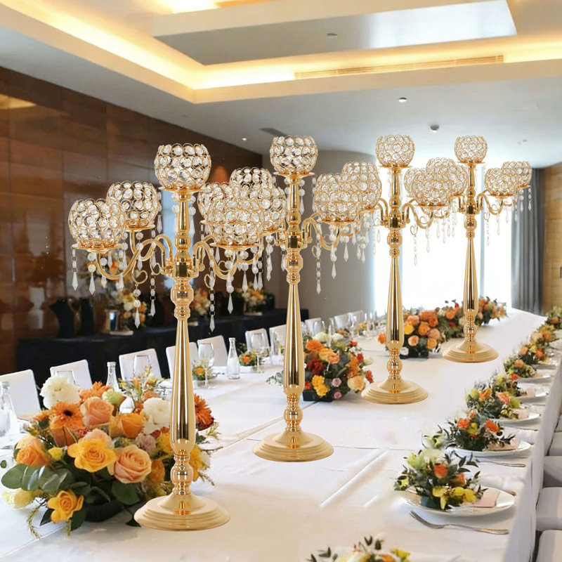 5 Arm Crystal Candelabra Centerpieces For Wedding Tables,29.5 Inches Tall, Gold, 4