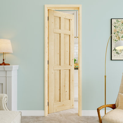 Porte pré-suspendue intérieure en bois de pin 24 po x 80 po à 6 panneaux avec charnières noires, bois de pin naturel, pouvant être peint et imperméable, combinaison pour la lessive, portes de placard, portes de chambre, main gauche