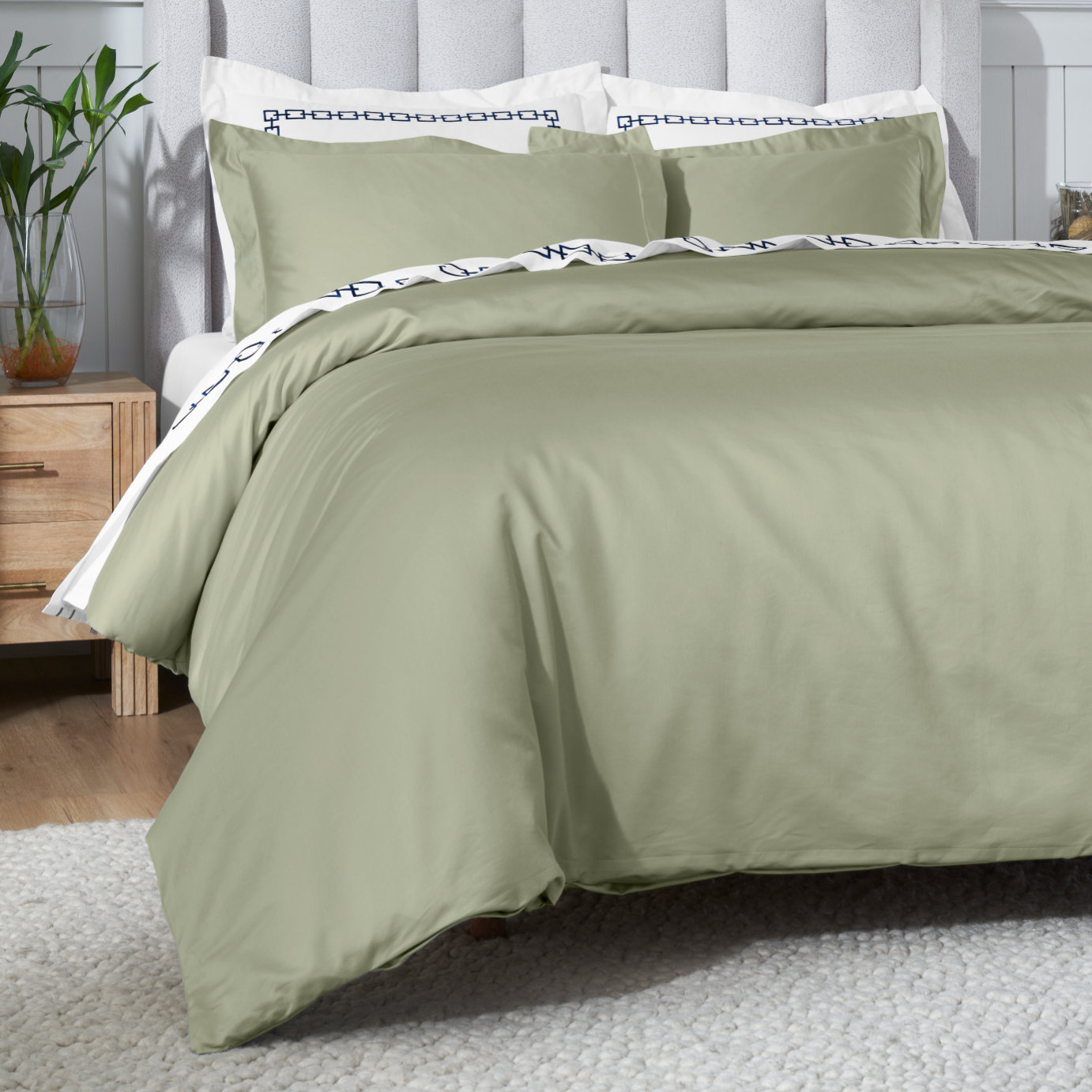 Egyptian Cotton Duvet Cover Set, Twin Duvet Cover + 2 Standard Shams, Sage