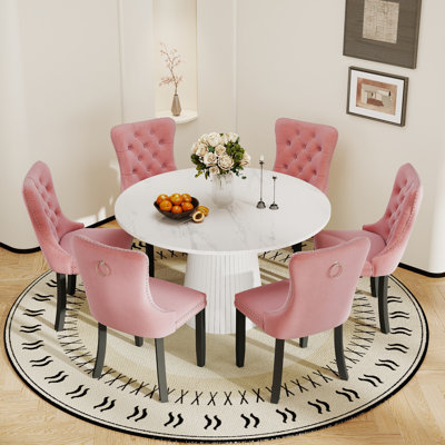 5-Piece Round Dining Table Set for4-6, Modern Kitchen Table and Chairs with Velvet Upholstered Chair for Dining Room, Small Space, Apartment