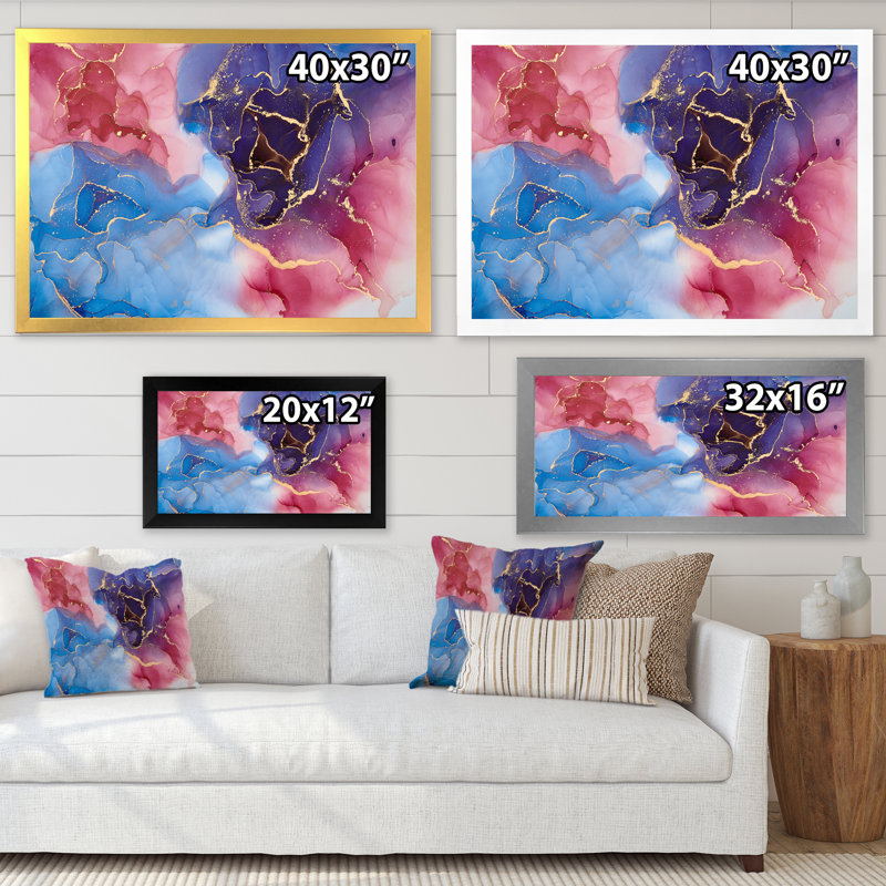 Mauve et bleu, luxe abstrait, fluide V - Peinture sur toile, H 24 po x l 32 po x P 1 po, Cadre photo blanc
