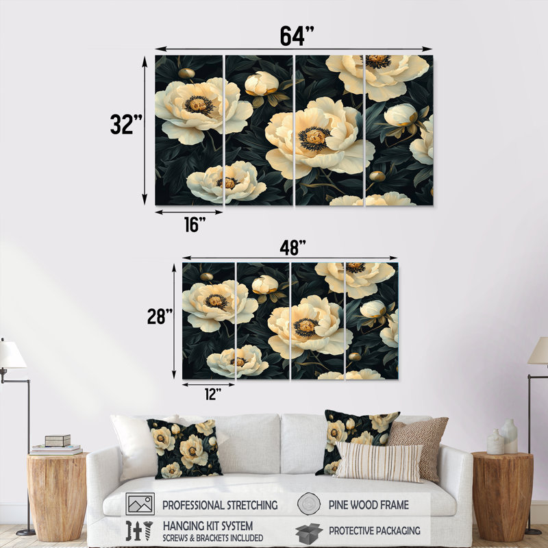 Peonis II noir et beige noir - Art mural beige - Toile d'art murale traditionnelle, H 28 po x l 48 po, 4