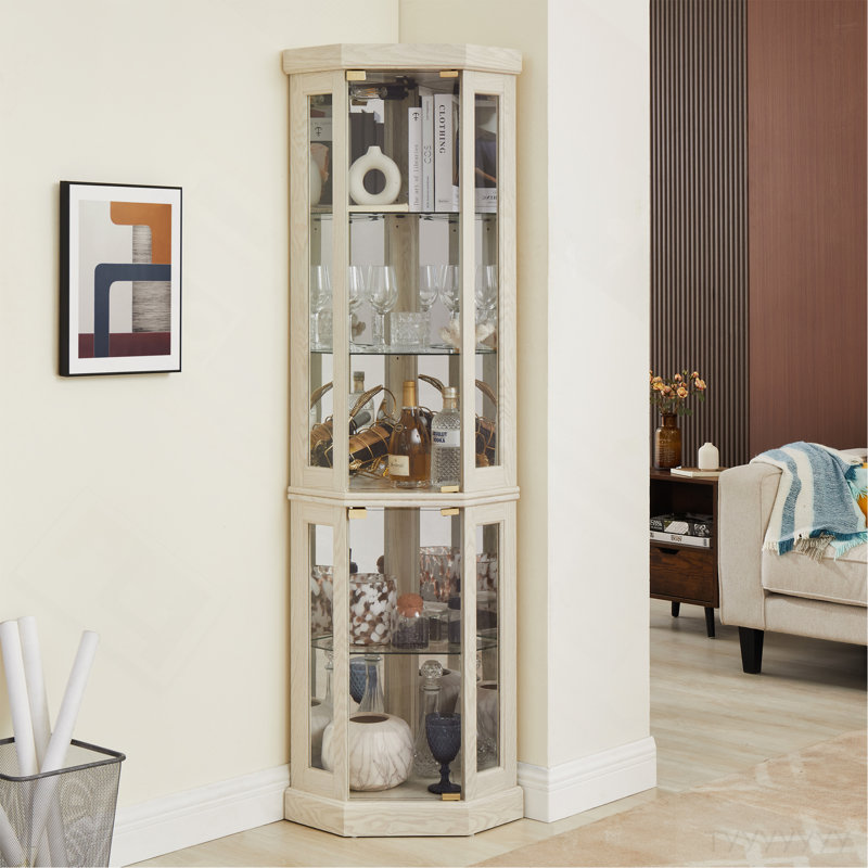 Lighted Corner Curio Cabinet - Display Case For Living Room, Antique Collectibles, Wine & Bar Glass Storage - Elegant Corner Design With Lights Included- White