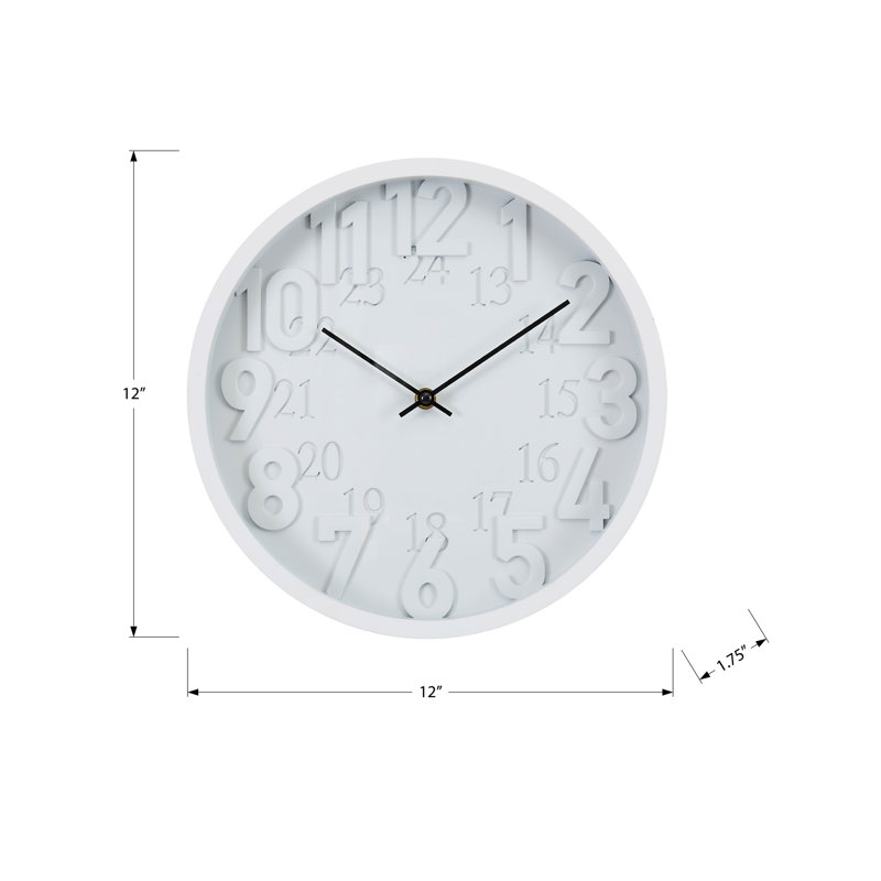 Horloge, horloge murale ronde 12 po, juvénile, cadran blanc, cadre blanc, contemporain, moderne, Blanc