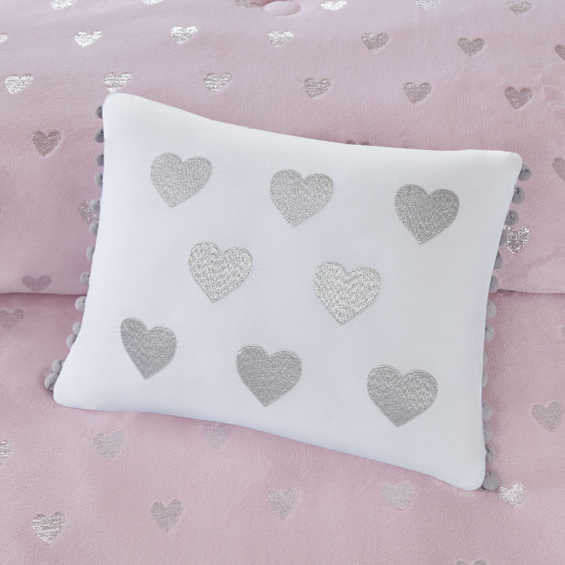 Pink Microfiber Full Kids Comforter Set with Metallic Hearts