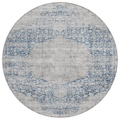 Tapis rond d'intérieur et d'extérieur lavable bleu et ivoire 8 pi