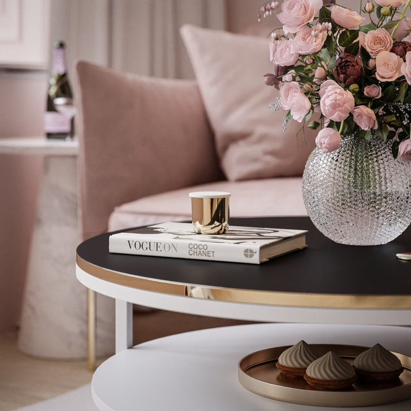 COREIL Black Matte Round Coffee Table with Shelf, White