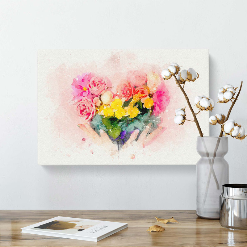 Floral Love Heart in Pink in Abstract - Wrapped Canvas, 35.6 cm H x 50.8 cm W