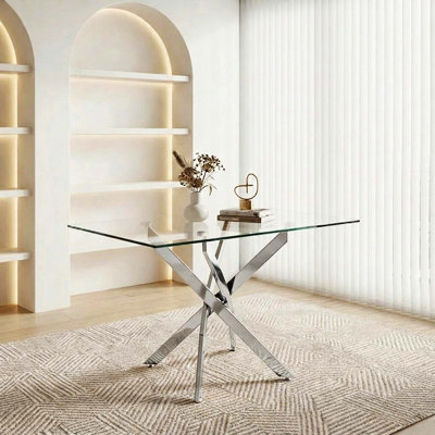 47.24" Rectangular Tempered Glass Dining Table With Silver Metal Legs, Modern Kitchen Table For Home & Dining Room