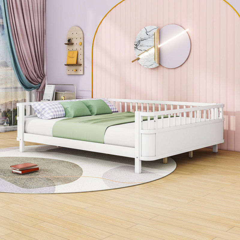 Wood Platform Bed with Safety Rails, White