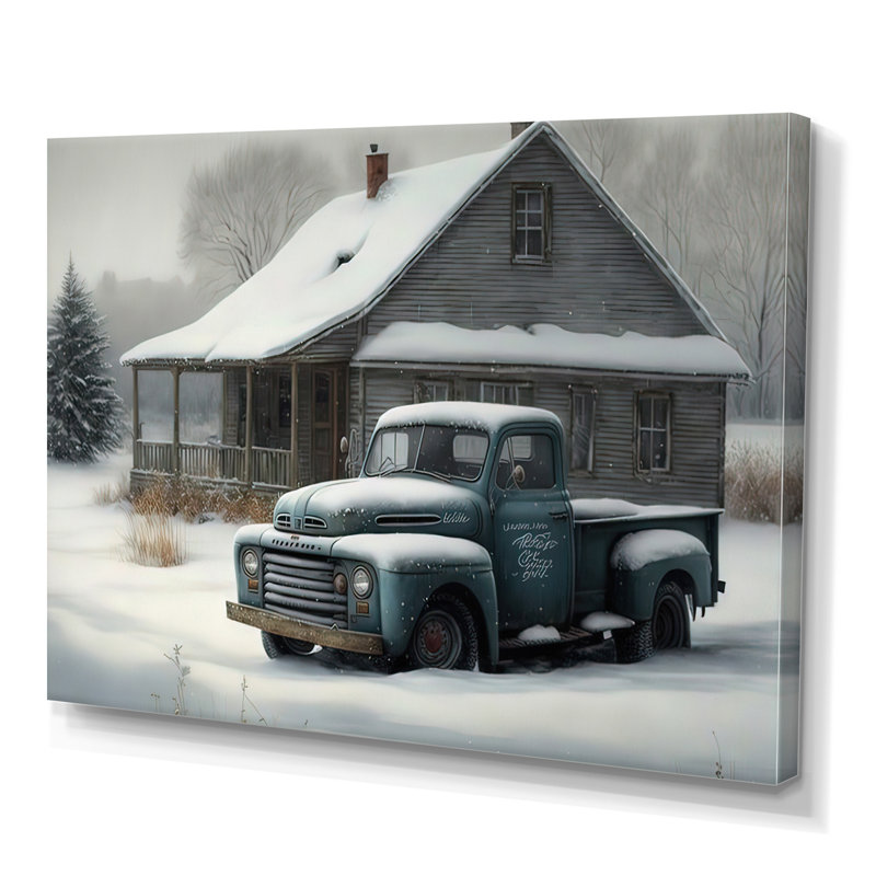 «Old Truck at the Barn in Winter IV», peinture sur toile, H 12 po x l 20 po x P 1 po, Toile tendue