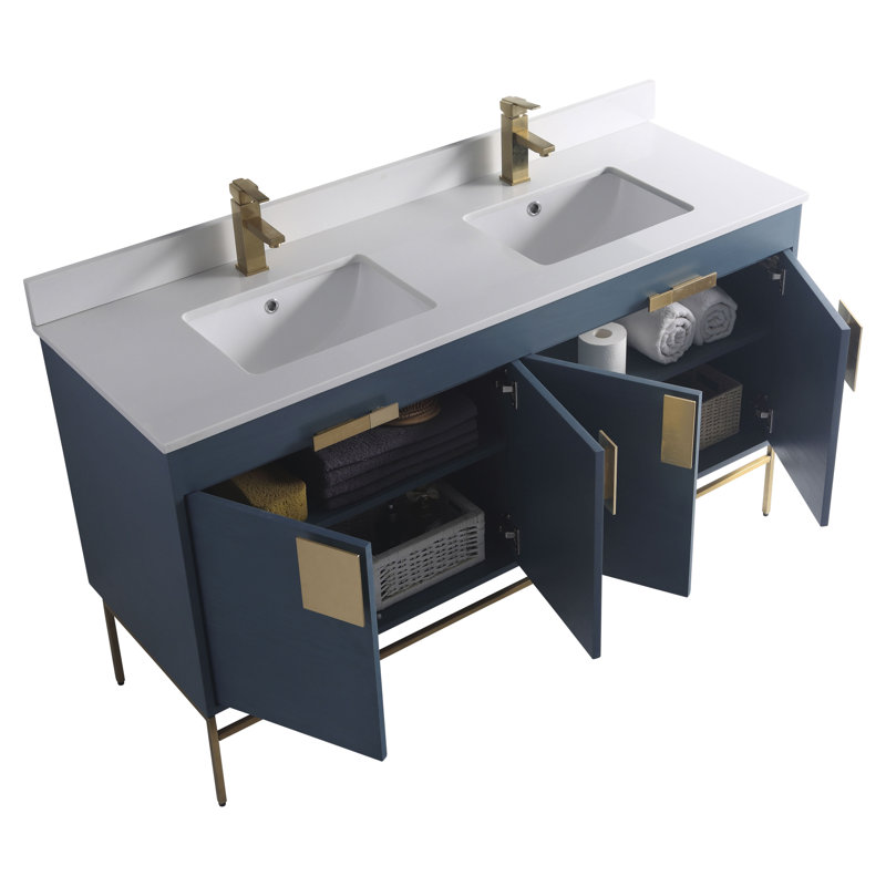 Ensemble de meuble-lavabo double 60 po Tortola, Laiton satiné, Bleu français