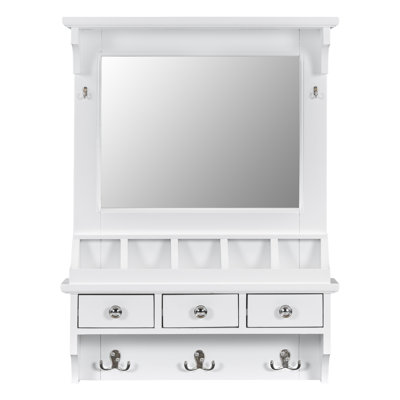 31.7" Floating Hall tree with HD Mirror & 15-Storage System (Shelves+Pockets+Drawers+Hooks), Multi-Scenario Wall Organizer