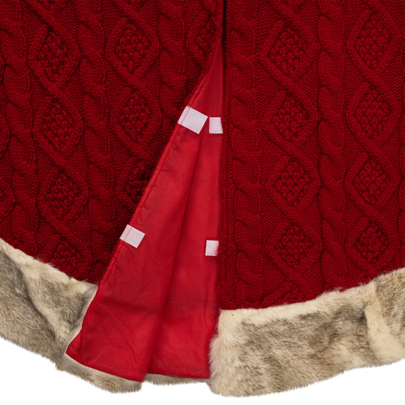 Red Cable Knit Christmas Tree Skirt with Faux Fur Trim - 48 Inch