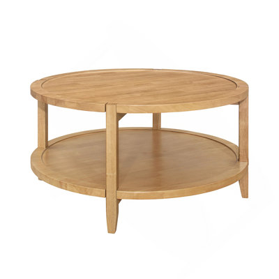 Round Wooden Coffee Table With Bottom Shelf, Maple Brown