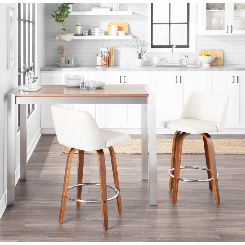 Thea 26" Fixed-Height Counter Stools with Bent Wood Legs & Round Footrest, Cream, Chrome