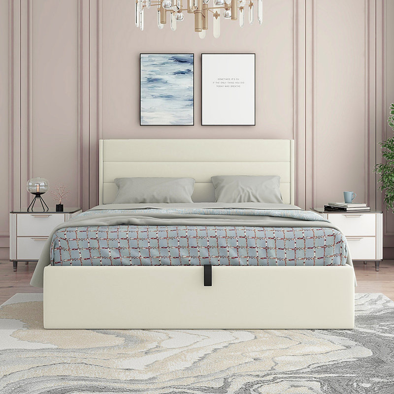 Denicolais Hydraulic Lift Up Upholstered Storage Bed with Wingback  Headboard, Queen, Velvet Cream