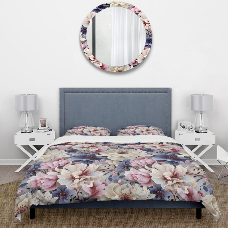 Ensemble de housse de couette à motif floral victorien mauve et blanc II, Housse de couette pour très grand lit et 2 très