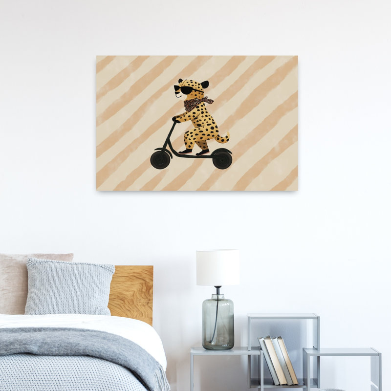 Cool Cheetah Scooter Modern Playful Whimsical Animal Wall Art Print by Mathieu - Wrapped Canvas Print, 60.96cm H x 91.44cm W