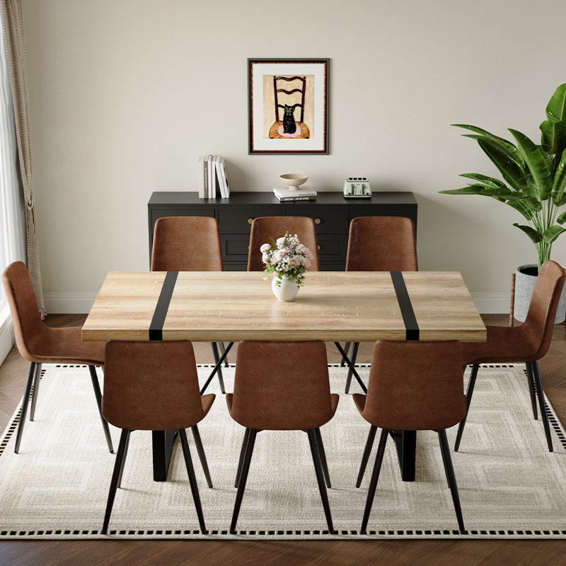 71" Modern Rectangular Dining Table Set, 9, Black/Brown