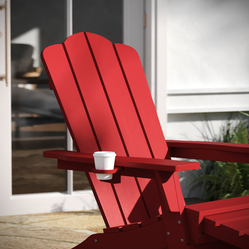 Collis All-Weather HDPE Indoor/Outdoor Adirondack Chair with Cup Holder and Pull Out Ottoman, Red