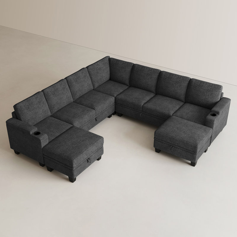 Chenille Modular U-Sectional With Storage Ottomans, Dark Gray Chenille