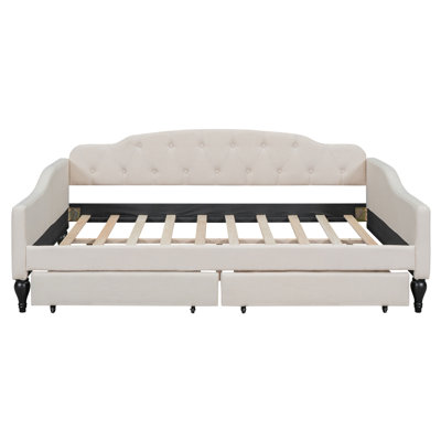 Full Size Upholstered Tufted Daybed with Two Drawers, Beige