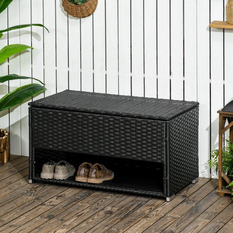 Outsunny Outdoor Deck Box & Shoe Storage, PE Rattan Wicker Towel Rack With Liner For Indoor, Outdoor, Patio Furniture Cushions, Pool, Toys, Garden Tools, Black