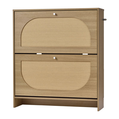Armoire à chaussures en rotin avec 2 tiroirs rabattables, pouvant contenir 16 paires, tablettes réglables pour le vestibule, le couloir et le salon, étagère à chaussures autoportante compacte avec surface supérieure de 80 lb et conception anti-bascu