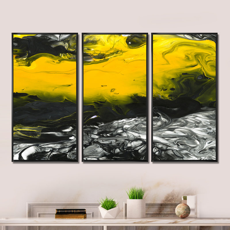 Jaune jaune, noir et blanc, art liquide III - ensemble d'art moderne sur toile encadrée moderne de 3, Cadre noir