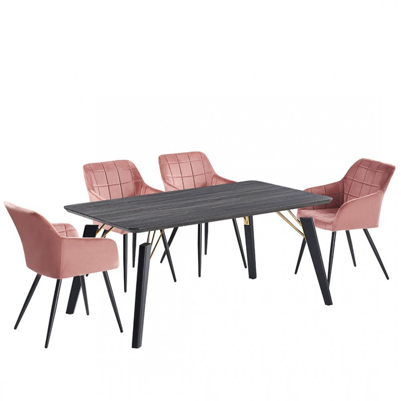 Yerres 4 Person Dining set - a Rectangular Wooden Dining Table with Metal Legs and a Set of 4 Quilted Velvet Dining Chairs for Dining Room - Modern Dining Table Set
