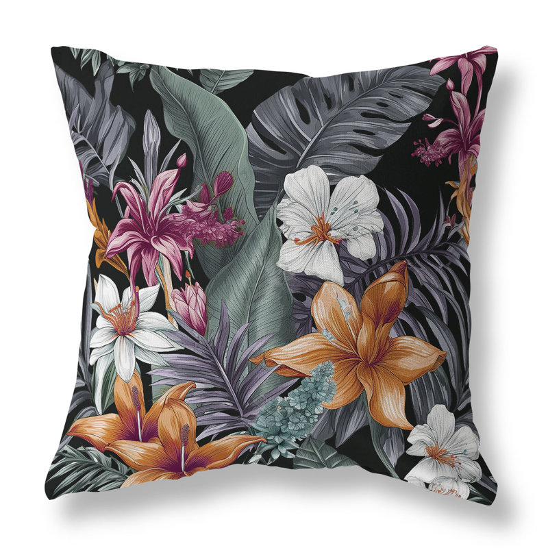 Coussin Rainforest Reverie, H 16 po x l 16 po, Noir / floral multi