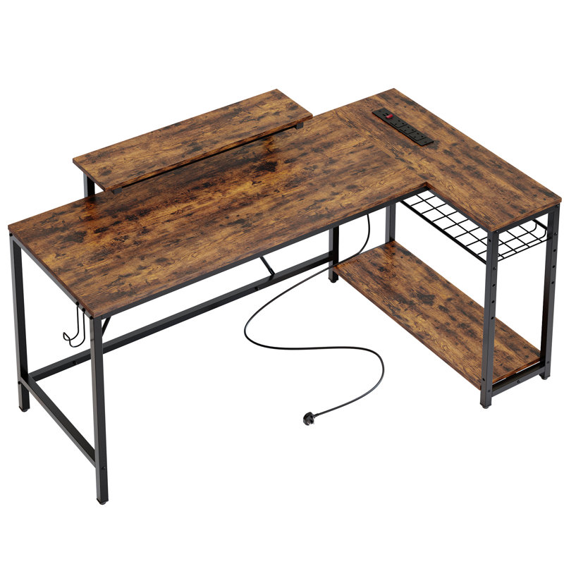 L-shaped Computer Desk with Power Outlet, Gaming Desk with Monitor Stand and Shelves, Rustic Brown/Black