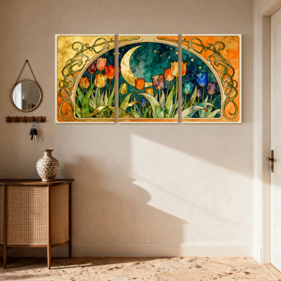 Jardin de tulipes avec lune et étoiles, ensemble de 3 impressions sur toile de style Art déco