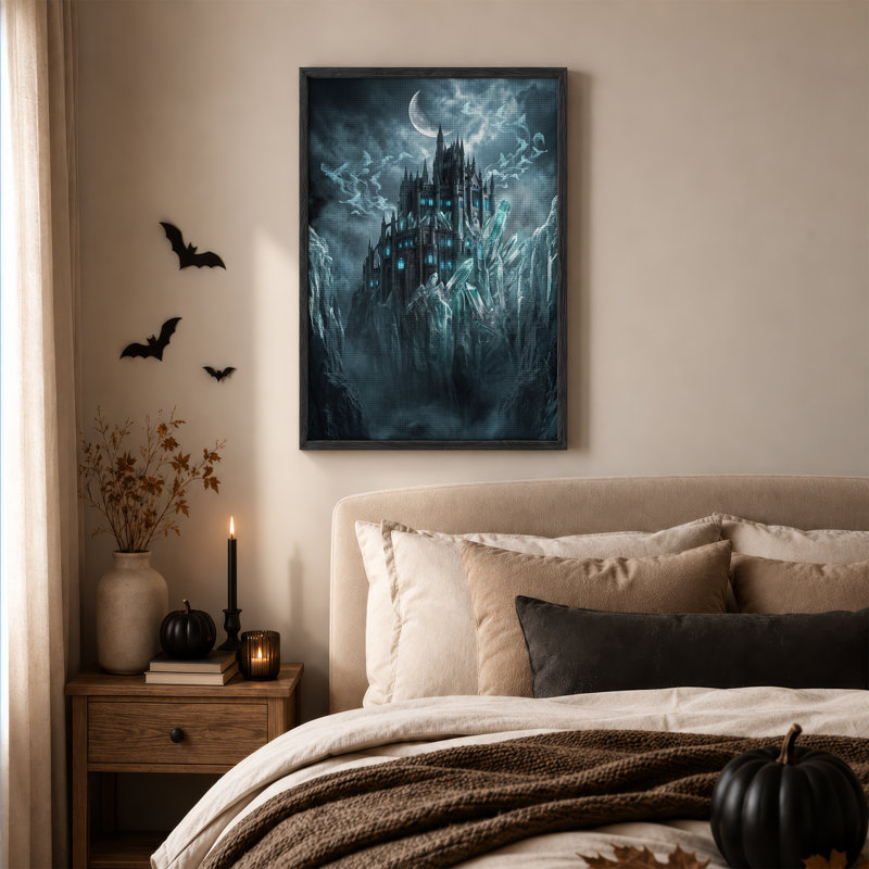 Art gothique sur toile, château gothique avec cristaux bleus et croissant, H 36 po x l 24 po