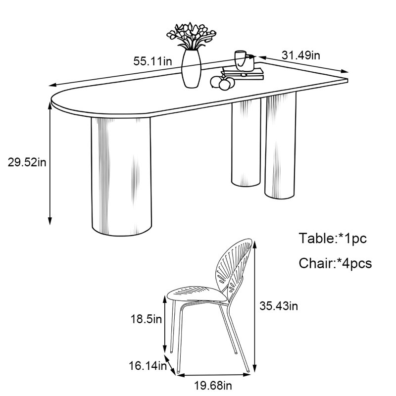 Ensemble de table de salle à manger simple en demi-cercle de luxe léger, H 29,52 po x L 55,11 po x l 31,49 po