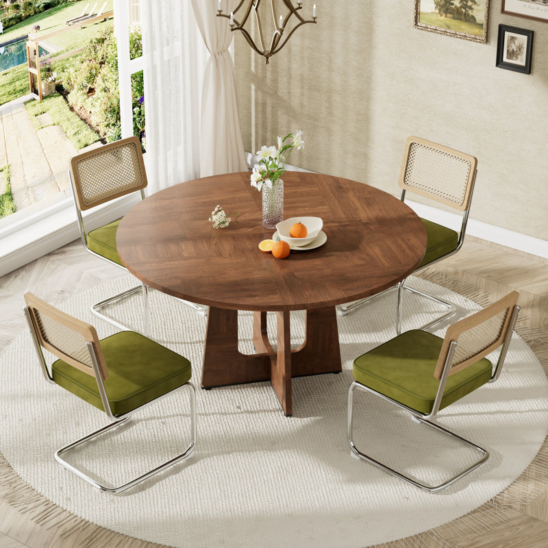 47 Inch Farmhouse Round Dining Kitchen Table Set for 4, 5 Pieces: Table, 4 Chairs, Green, Brown