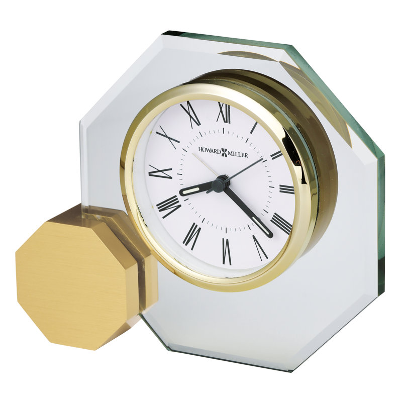 Modern & Contemporary Roman Numeral Crystal Quartz Movement / Crystal Alarm Tabletop Clock, Brushed Brass/Clear