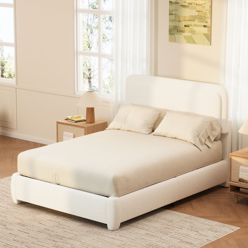 Structure de lit double Boucle avec tête de lit à hauteur réglable, lit plateforme moderne avec tête de lit courbée, lit plateforme élégant en tissu à profil bas Boucle, aucun sommier requis, assemblage facile, blanc