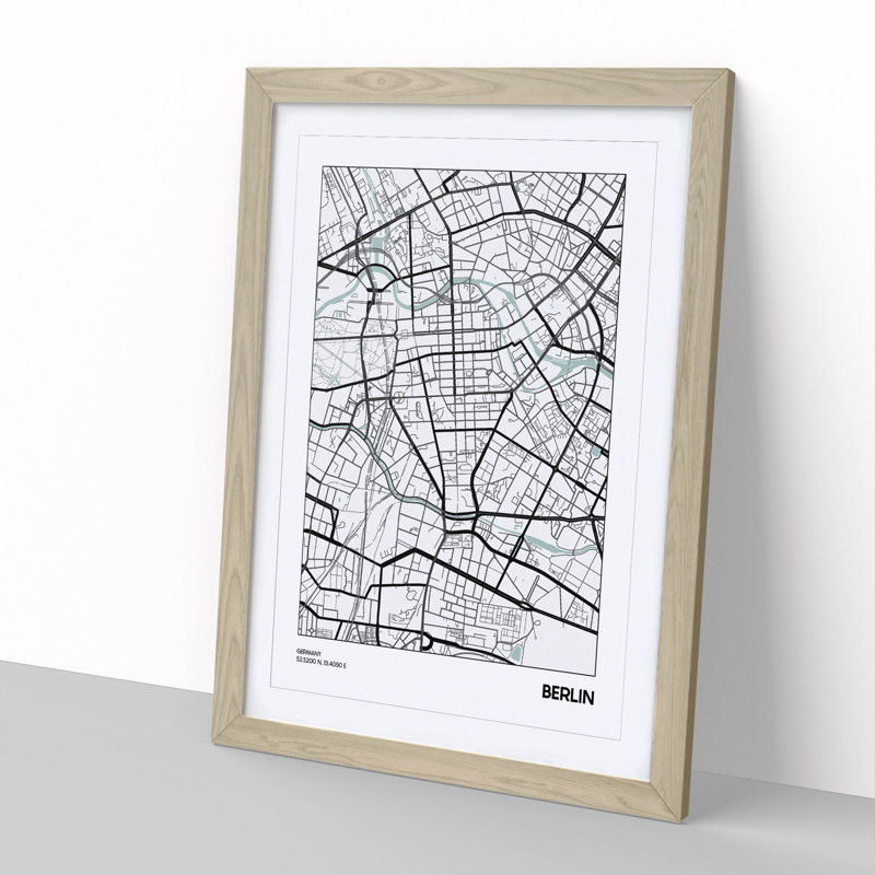 Map Berlin Germany - Picture Frame Graphic Art, 36cm H x 27cm W x 2cm D, Oak Framed
