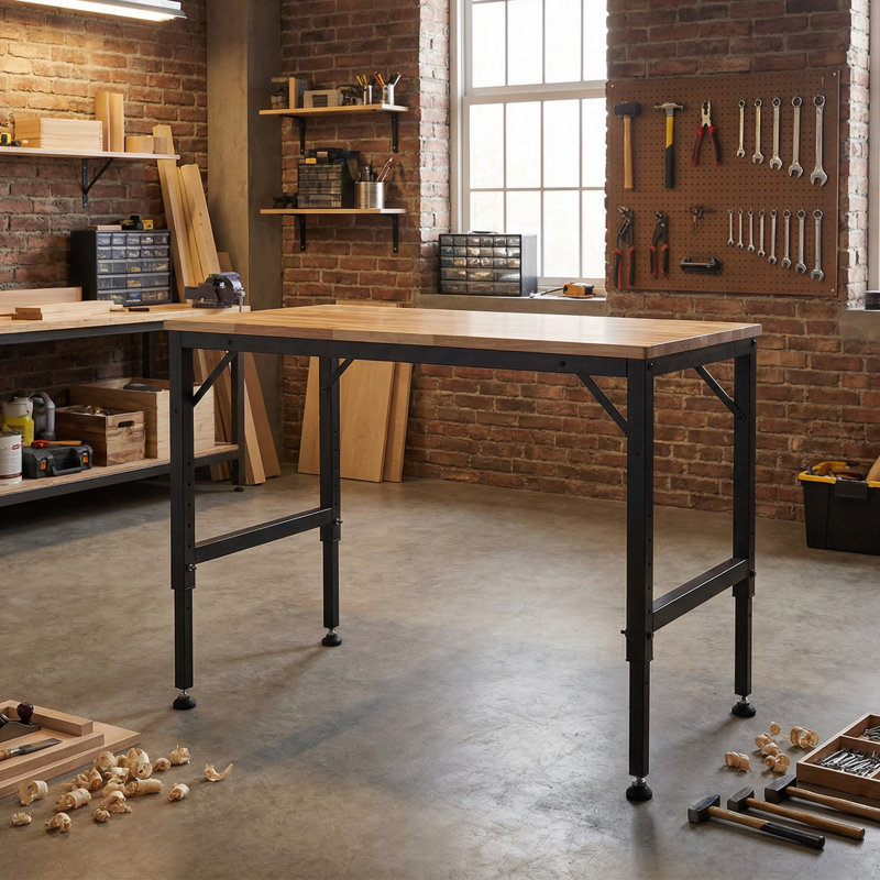 Établi robuste et réglable pour le garage, table d'atelier en bois d'hévéa avec patins en caoutchouc, poste de travail en bois franc, capacité de poids de plus de 2 000 lb pour un atelier, un garage, un bureau ou une maison